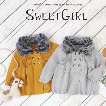 

0-3Yrs Infant Autumn Winter Baby Girls Doll Collar Plush Knit Jacket Warmth New 2020 Kids Cardigan Coat Clothing