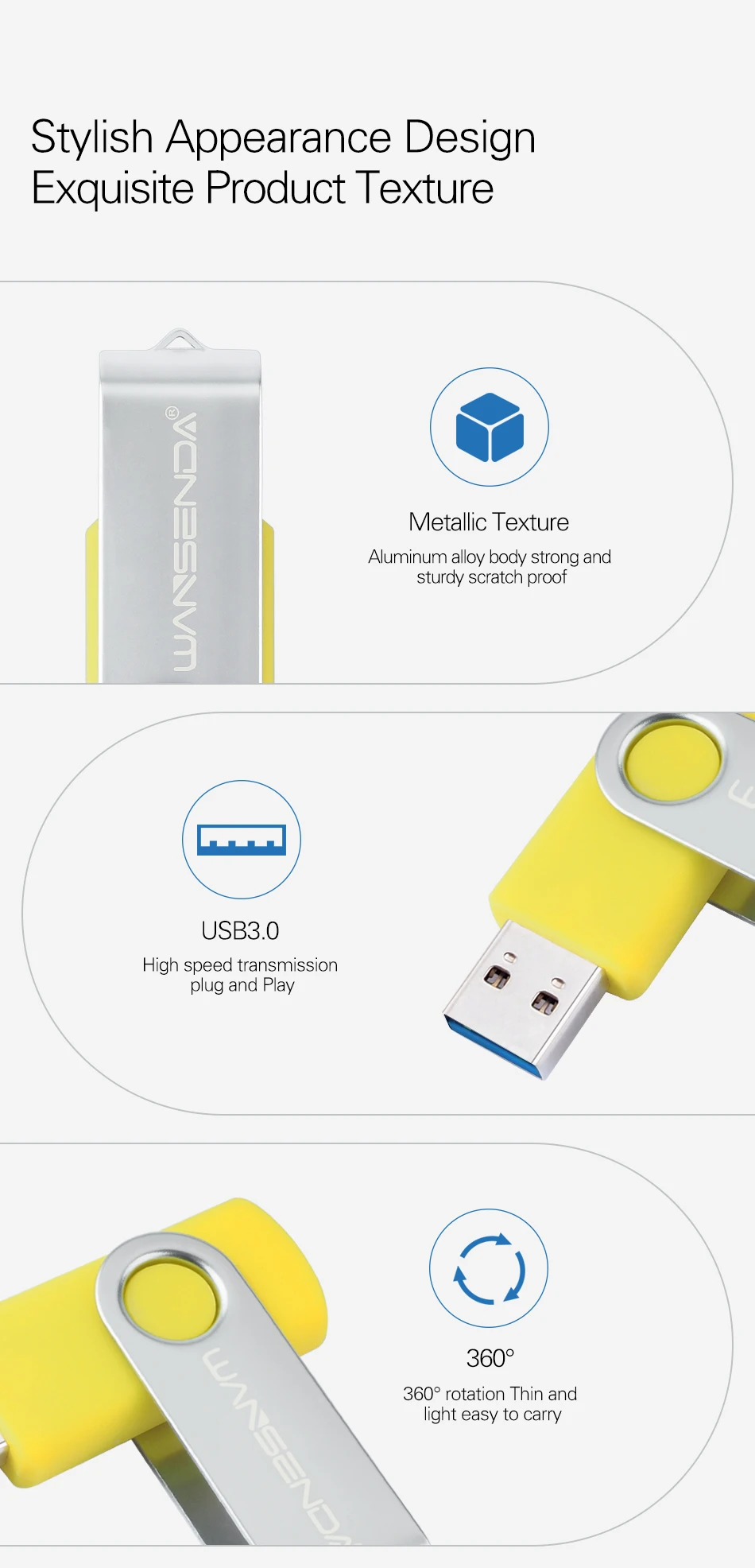 WANSENDA USB флеш-накопитель, Вращающаяся ручка, 32 ГБ, 64 ГБ, Usb флешка 3,0, 16 ГБ, 128 ГБ, 256 ГБ, флешка, флеш-карта памяти для планшетных ПК