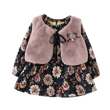

DFXD Winter Children Clothing Sets Baby Girls Sleeveless Fur Waistcoat+Long Sleeve Fleece Thicken Floral Dress 2PC Girls Sets