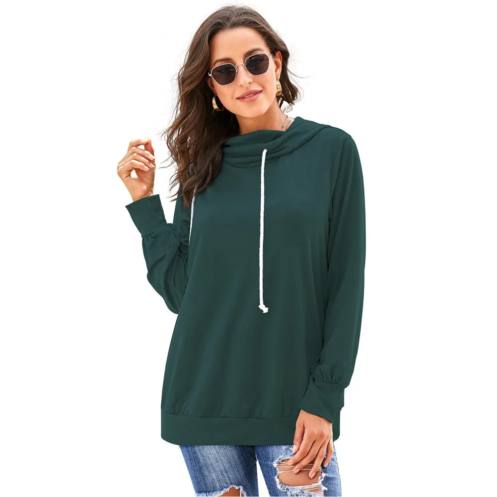 Spring Autumn New Hooded Women's European American Solid Color Long Sleeve Loose Pullover Women's Top with Drawcord