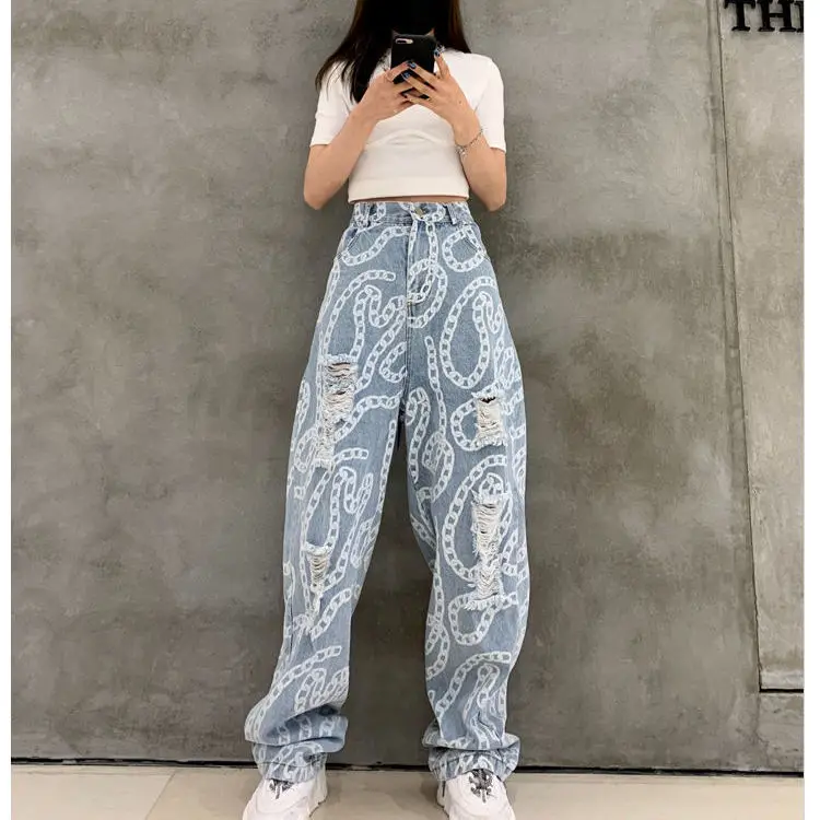 High waist wide leg hole jeans women 2021 spring and summer new fashion handsome straight jeans pants