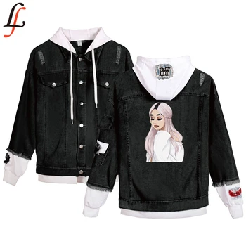 

Ariana Grande 2019 New Cowboy Women/Men Autumn Winter Fashion Stitching Hooded Broken hole Stitching Denim Jacket Plus Size