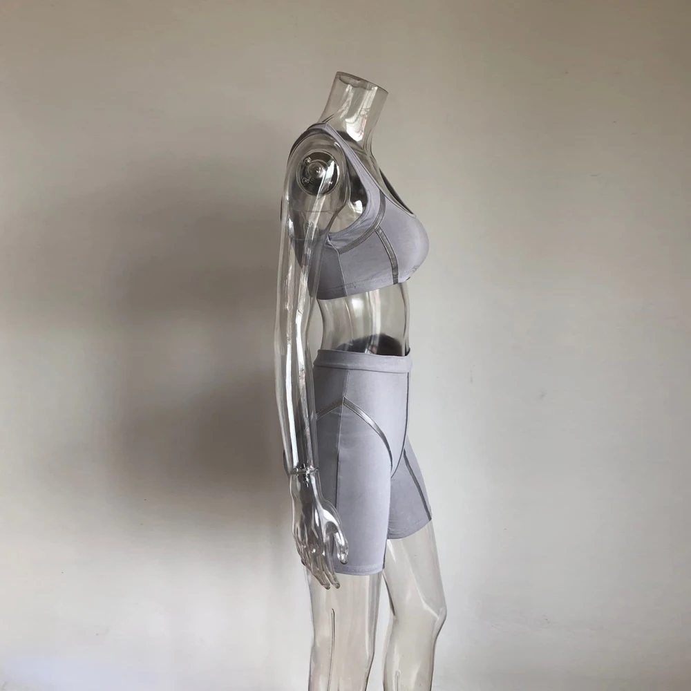 KGFIGU женские наборы сексуальный серый отражающий Лоскутные шорты комплект из 2 предметов летние женские модные спортивные костюмы хороший матитал