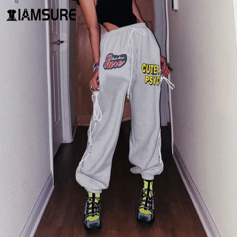 

IAMSURE Letter Print Women Joggers Sweatpants Streetwear Drawstring High Waist Casual Loose Female Trousers Hip Pop Harem Pants