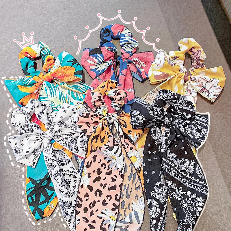 

New Ethnic Style Print Bow Ribbon Scrunchie Lady Sweet Ponytail Holder Elastic Hair Bands Fashion Hair Accessories For Women