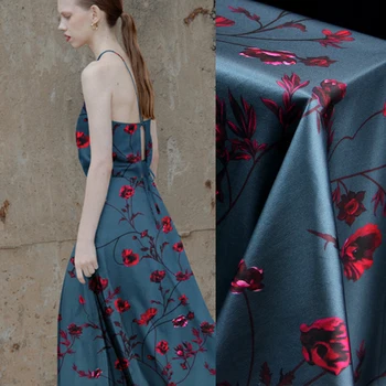 

118CM Wide 19MM 93% Silk & 7% Spandex Red Floral Print Stretch Blue Silk Satin Fabric for Dress Cheongsam Shirt Jacket D1105