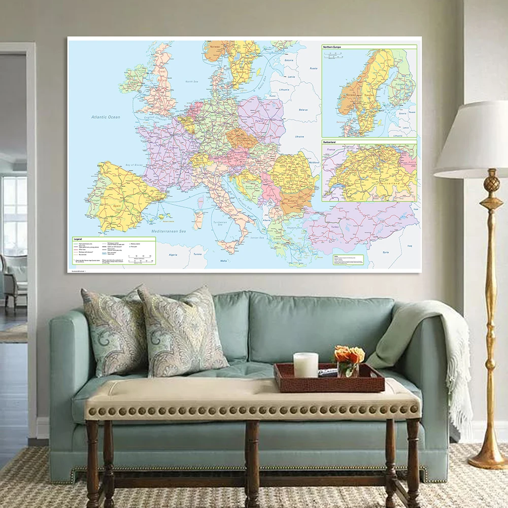 225*150cm The Europe Political Map Traffic Route Map Large Poster Non-woven Canvas Painting School Supplies Home Decoration