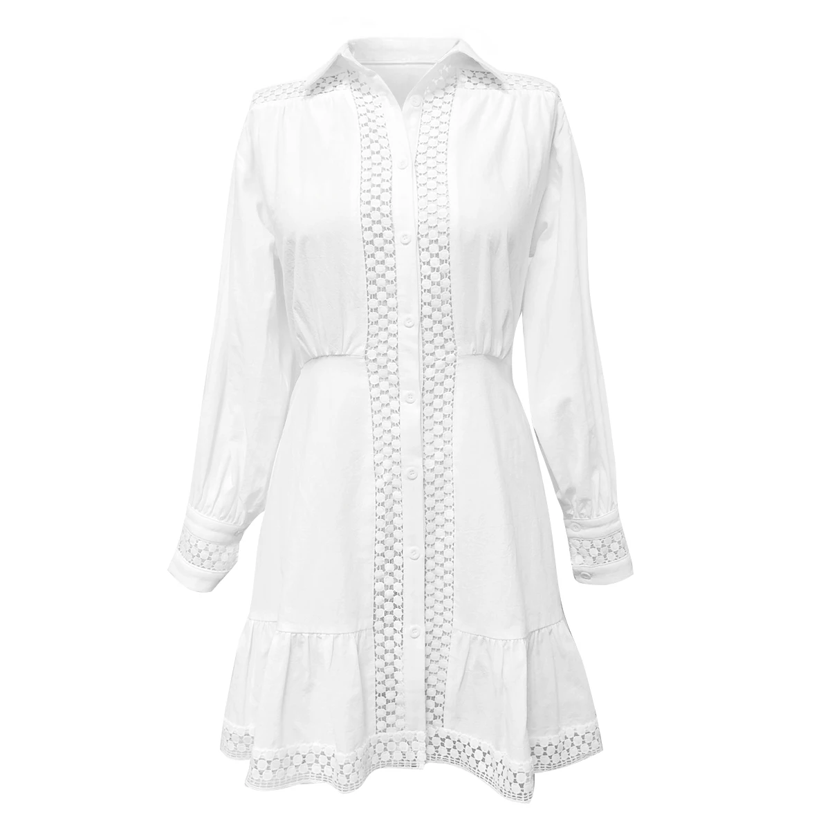 Белое Кружевное хлопковое платье с вышивкой KIYUMI, осень, винтажное женское платье с длинным рукавом, бохо, Пляжная повседневная одежда, мини платья, новинка - Цвет: WHITE