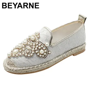 

BEYARNE 2020 fashion women casual pearls fishermen Sneakers flat shoe new fall lace-up crystal hemp rope loafers shoe
