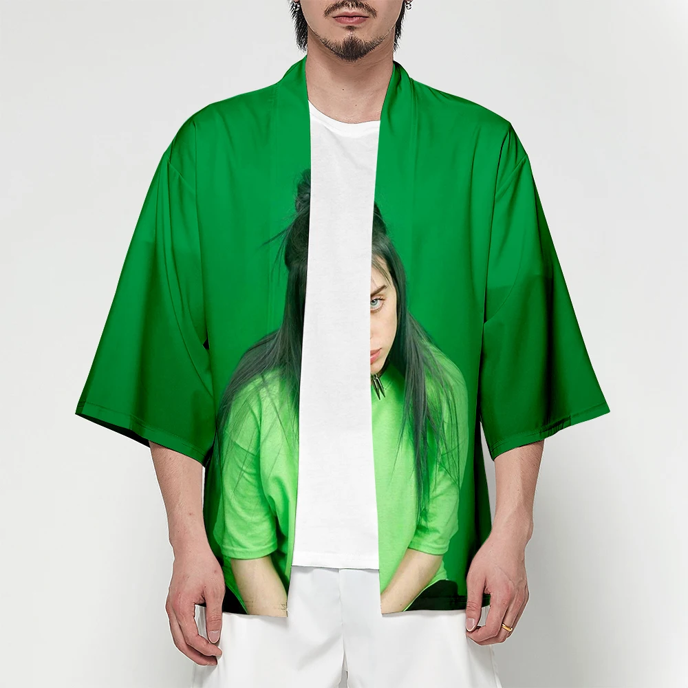 Популярное кимоно Billie Eilish3D, модное летнее кимоно с дикими звездами, серая футболка, кардиган, Повседневная рубашка с короткими рукавами в японском стиле - Цвет: Слоновая кость