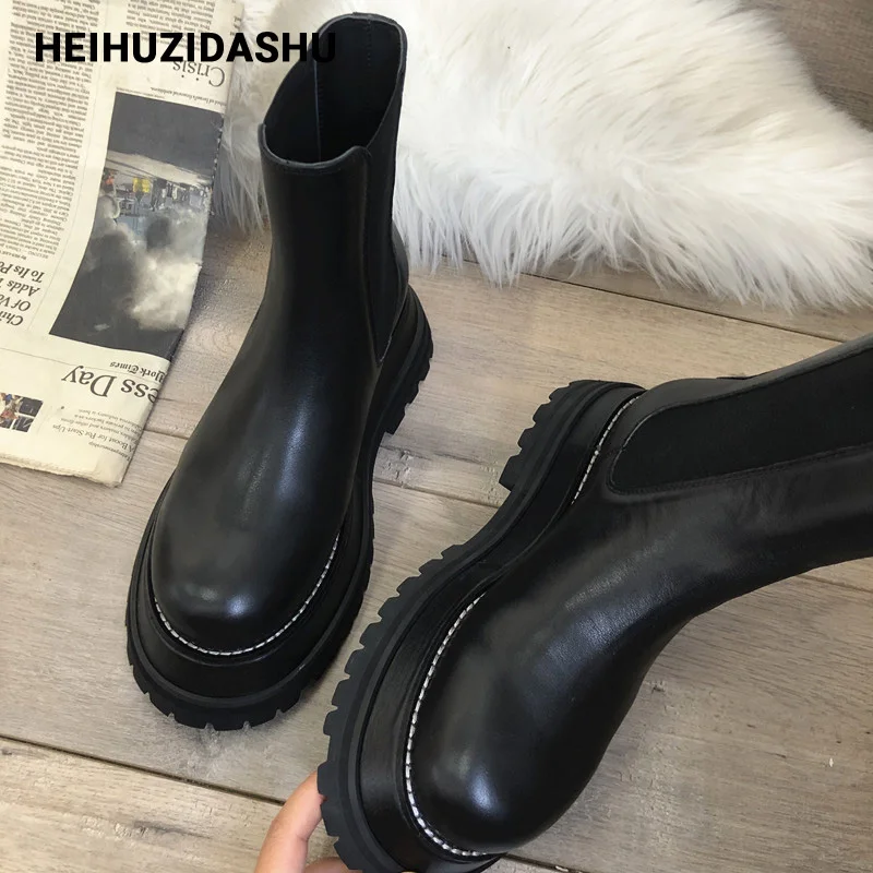 Ботинки «Челси» на платформе; женские ботильоны черного цвета с круглым ...