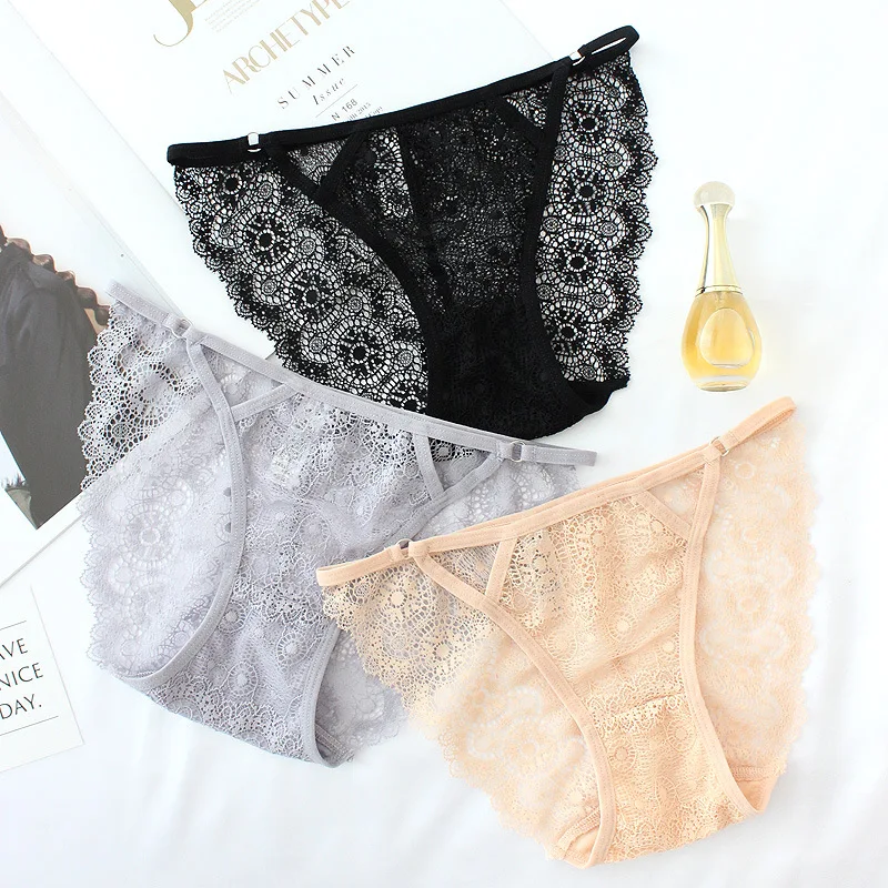 

Wasteheart Women Fashion Skin Gray Lace Trim Cotton Bow Low Waist Panties Women Underwear Lingerie Briefs 3 Pieces Perspective
