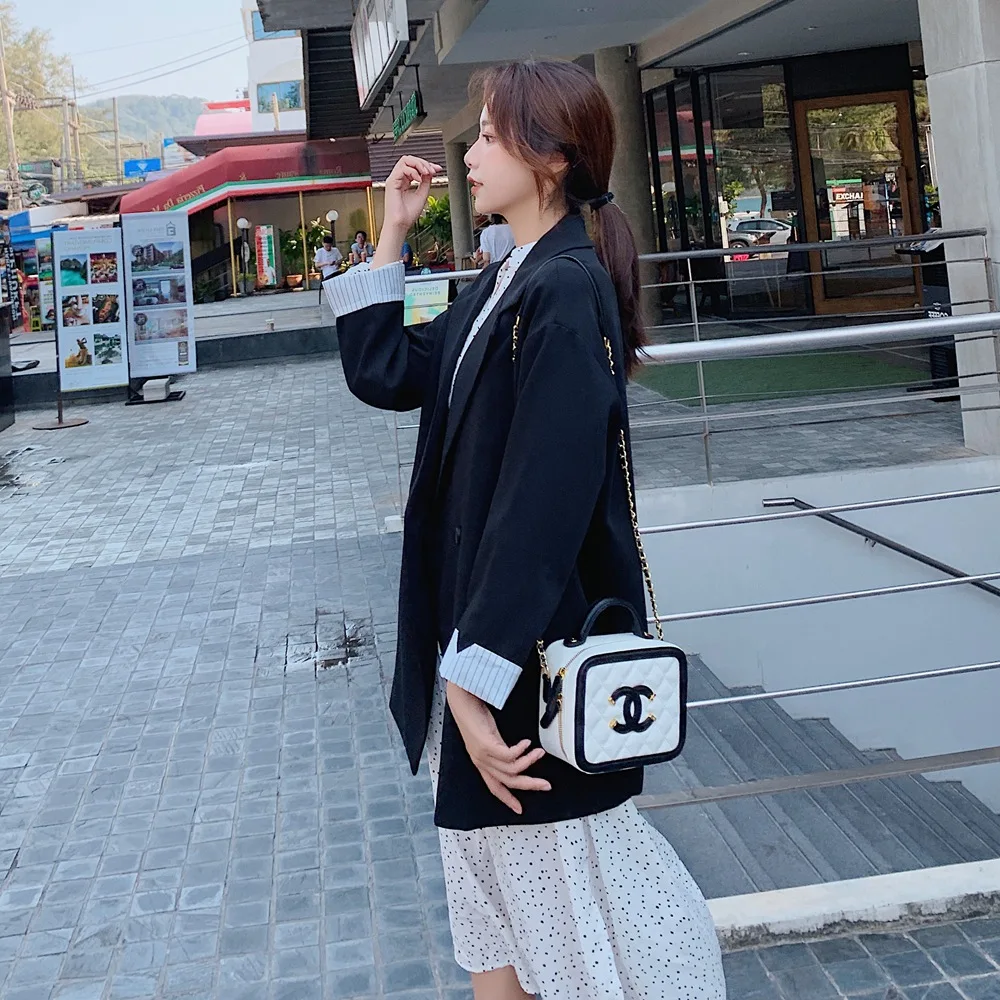 

Photo Shoot 2019 Autumn New Style Korean-style WOMEN'S Wear Retro Young-Style Cuff Joint Stripes Fold-down Collar Small Suit Coa