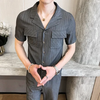 

Moda Hombre 2020 Ropa British Esigner Men Set 2 Pcs Striped Set Black Shirt And Pant Business Casual Chemise Homme Heren Kleding
