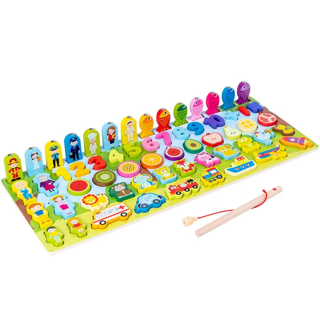 Montessori Educational Wood Toy Multifunctional Character Cognitive Shape Matching Building Block Animal Fishing Busy Board Toys 5
