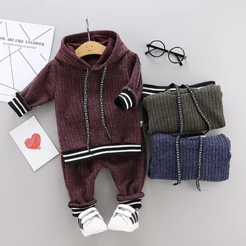 

casual kids baby boys autumn winter long sleeve solid tops hooded hoodies knitting coat sweater pants toddler clothing set 2pcs