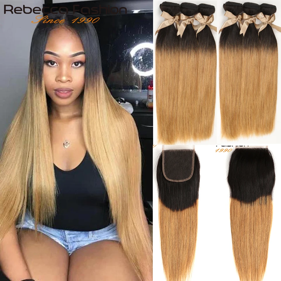Rebecca Brazilian Bone Straight Ombre Human Hair Bundles With Closure Weave 1b 27 Honey Blonde 3 | Шиньоны и парики