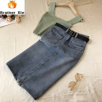 

Denim Jean Skirt Women's 2020 New Style Summer High Waist A- Line Mid-length Over-the-Knee Slit Skirt Students Jeans Skirts