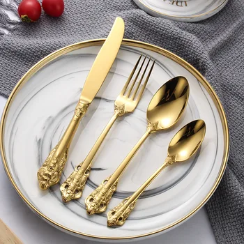 

Vintage Western Gold Plated Cutlery 4pcs Dining Knives Forks Teaspoons Set Golden Luxury Dinnerware Engraving Tableware Set