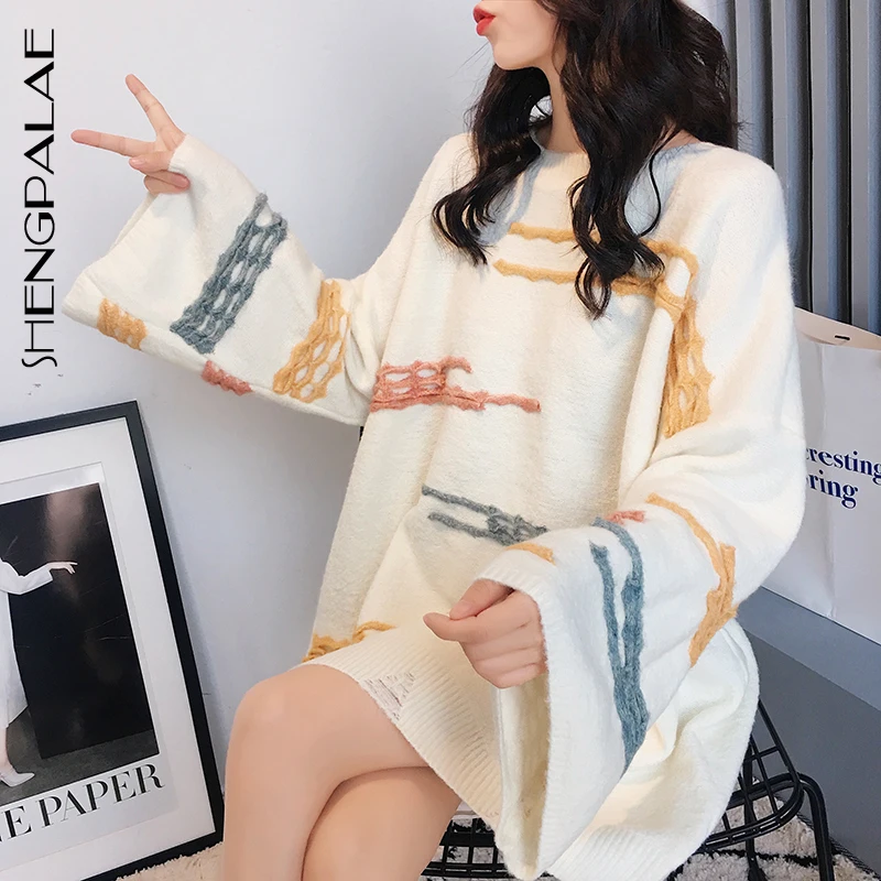 SHENGPALAE Full Sleeve Print Round-neck Pullovers Lazy Women Straight Sweater New 2020 Autumn Winter Japan Korea Style FS478 | Женская
