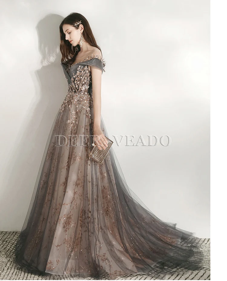 DEERVEADO MFY102 Luxury Appliques Prom Dresses Long 2020 Cap Sleeve Formal Party Dress Prom Gown with Train Robe De Soiree