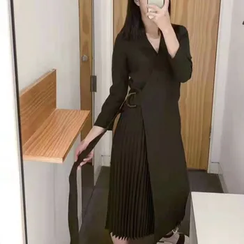 

Women Dress 2020 Spring New Lace-up V-neck Temperament Midi Dress