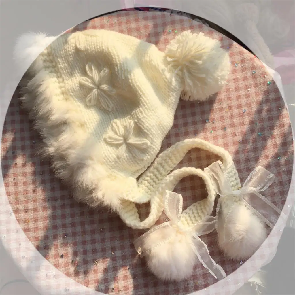 Lolita element autumn and winter warm rabbit fur ear protection hat knitted wool hat cute fur ball 5