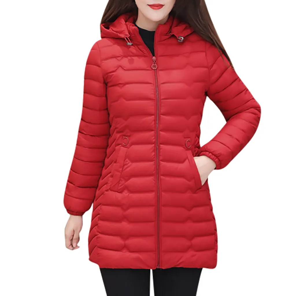Женская зимняя одежда больших размеров Базовая куртка однотонное тонкое теплое тонкое пальто повседневные новые стильные хлопковые парки на молнии с длинными рукавами# J30 - Цвет: Red