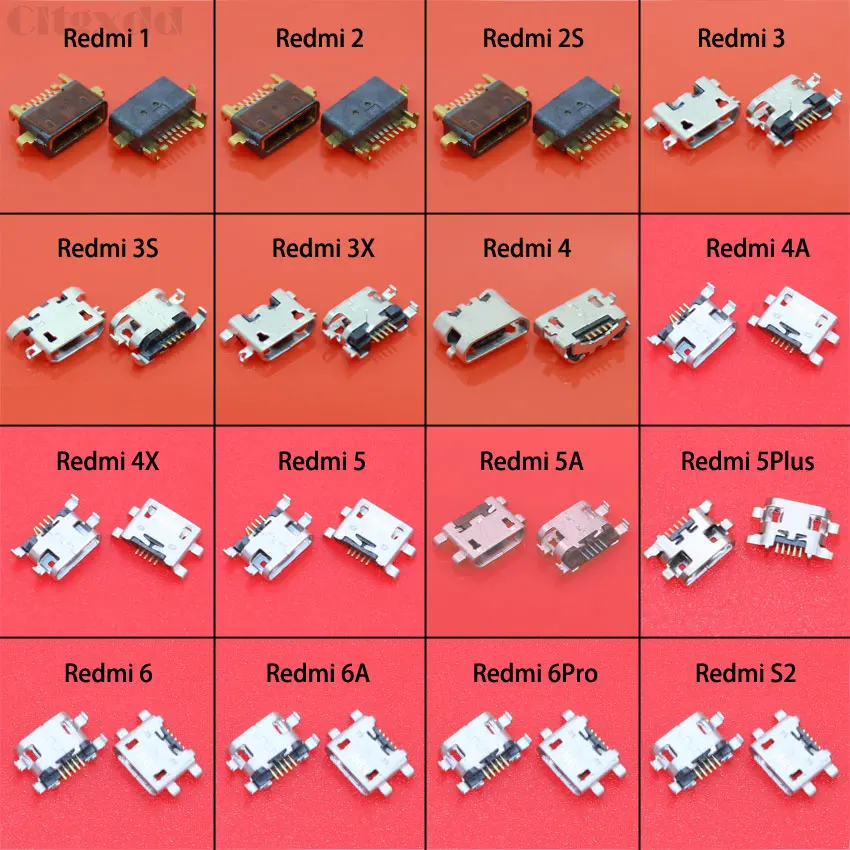 10Pcs Micro USB Jack Charging port Connector for Xiaomi Redmi 1 2 2S 3 3A 3X 4 4A 5 5A 5Plus 6 6A 6Pro Note 4 4X 5Pro 7 Pro