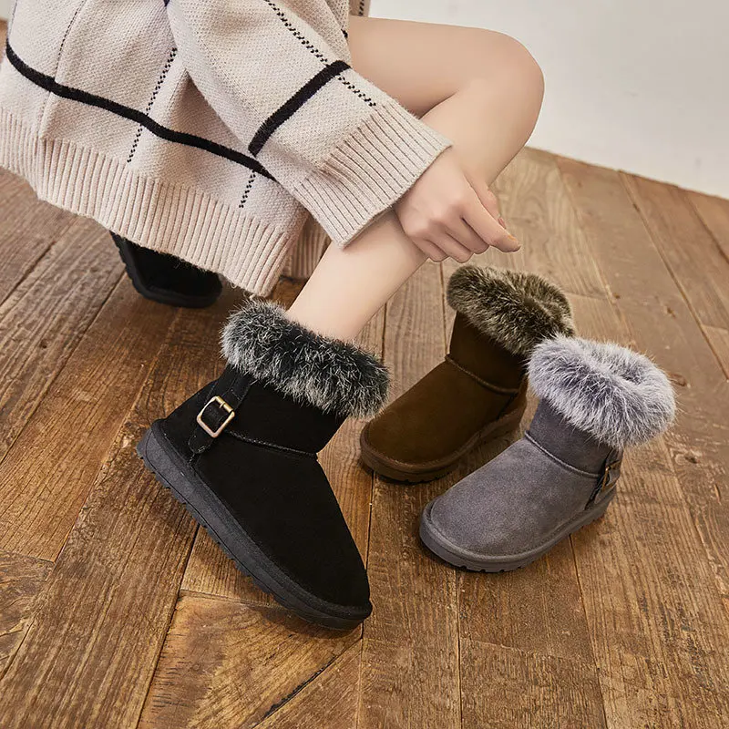 Ankle Genuine Leather Snow Boots Cow Suede Warm Fur Boots Women's Bucket Shoes Cowhide Flat Cotton Shoes