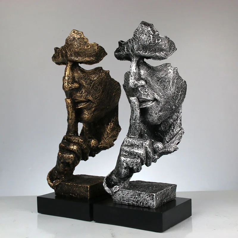 Billige Harz Kunst Stille Maske Figuren Abstrakte Schweigen Ist Gold Statuetten Maske Miniaturen Skulptur Hause Dekoration Kunstwerk G