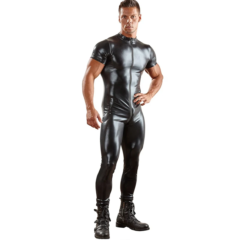 Faux Leather Jumpsuits Leather Sexy Men Overalls Wrestling Pants Sexy