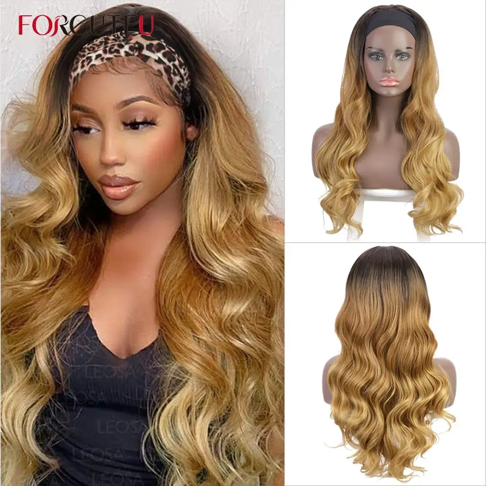 FORCUTEU-peluca con diadema sintética para mujeres negras, pelo largo ondulado degradado, diadema con ondas, peluca con diadema s, sin pegamento, color rubio y marrón