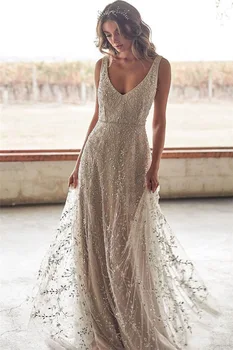 

BacklakeGirls Vestaglia Donna Elegant Appliques 2020 Sexy V Neck Sleeveless Evening Dress Floor Length Sequined Prom Gowns Robe