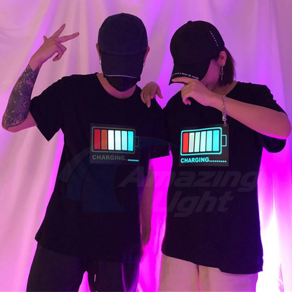 

2pcs/lot Lovers EL Sound Active T Shirt Led Sound ActiveT-shirt Equalizer Lighting T Shirt With USB Charge Inverter