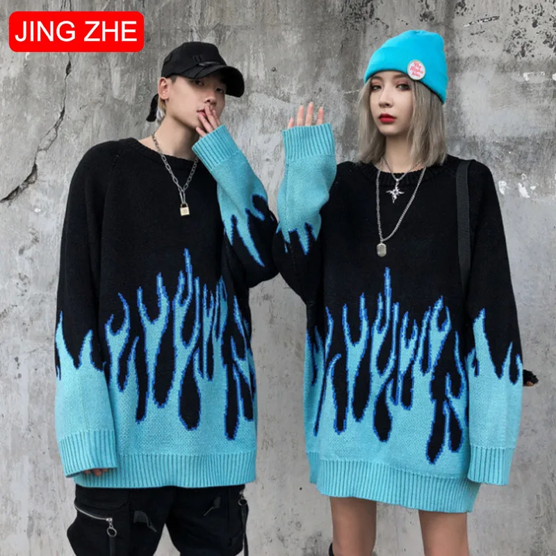 

JING ZHE Hip Hop Sweater Men Knitwear Flame Pattern Knitted Sweater Winter Casual Oversize Pullover Retro High Street Streetwear