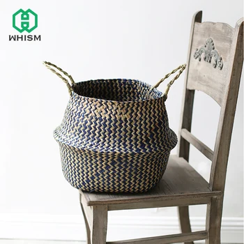 

WHISM Folding Seagrass Basket Striped Storage Basket Wicker Laundry Basket Garden Flower Pot Hanging Handle Storage Organizer