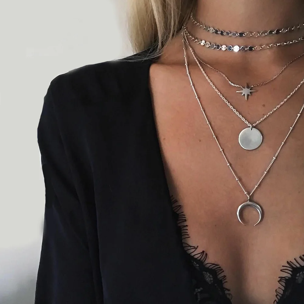 5 шт./компл. богемные женские ожерелья Луна круглые звезды кулон блестки цепочка