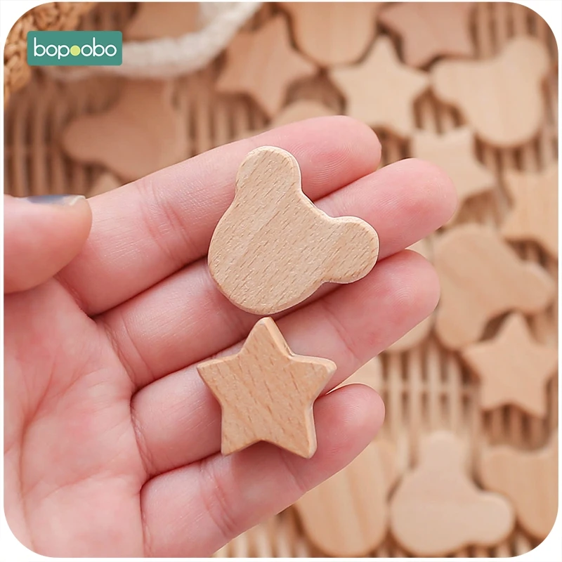 Bopoobo 10pc 너도밤 나무 나무 구슬 Teether 씹을 수있는 별 모양 너도밤 나무 구슬 BPA 무료 나무 젖니가 남 구슬  생산 DIY 공예