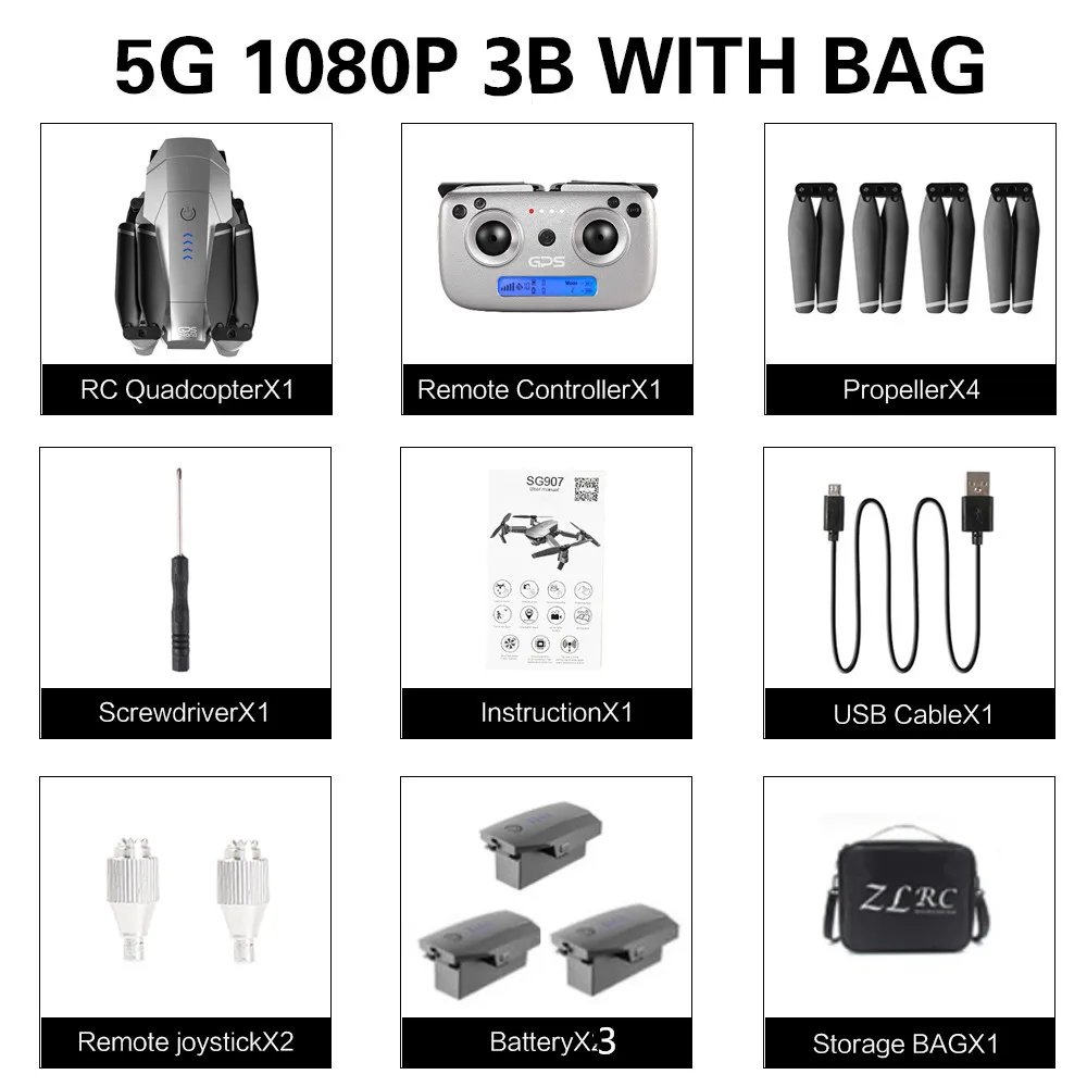 5G 1080P 3B with bag SG907 5G GPS Drone with 4K HD Dual Camera Wide Angle Anti-shake WIFI FPV RC Quadcopter Foldable Drone Professional GPS Follow Me - Цвет: 5G 1080P 3B with bag