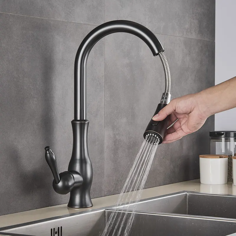 Golden Kitchen Faucets Pull Out Mixer Sink Tap 360 Rotation Single Handle Water 2-way Sprayer Mixer Tap