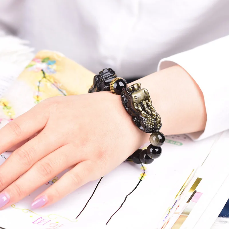 

East China Sea Section High Crystal Natural Gold Obsidian Leading Double Pixiu Bracelets with Heart Sutra Lucky Beads Men And Wo