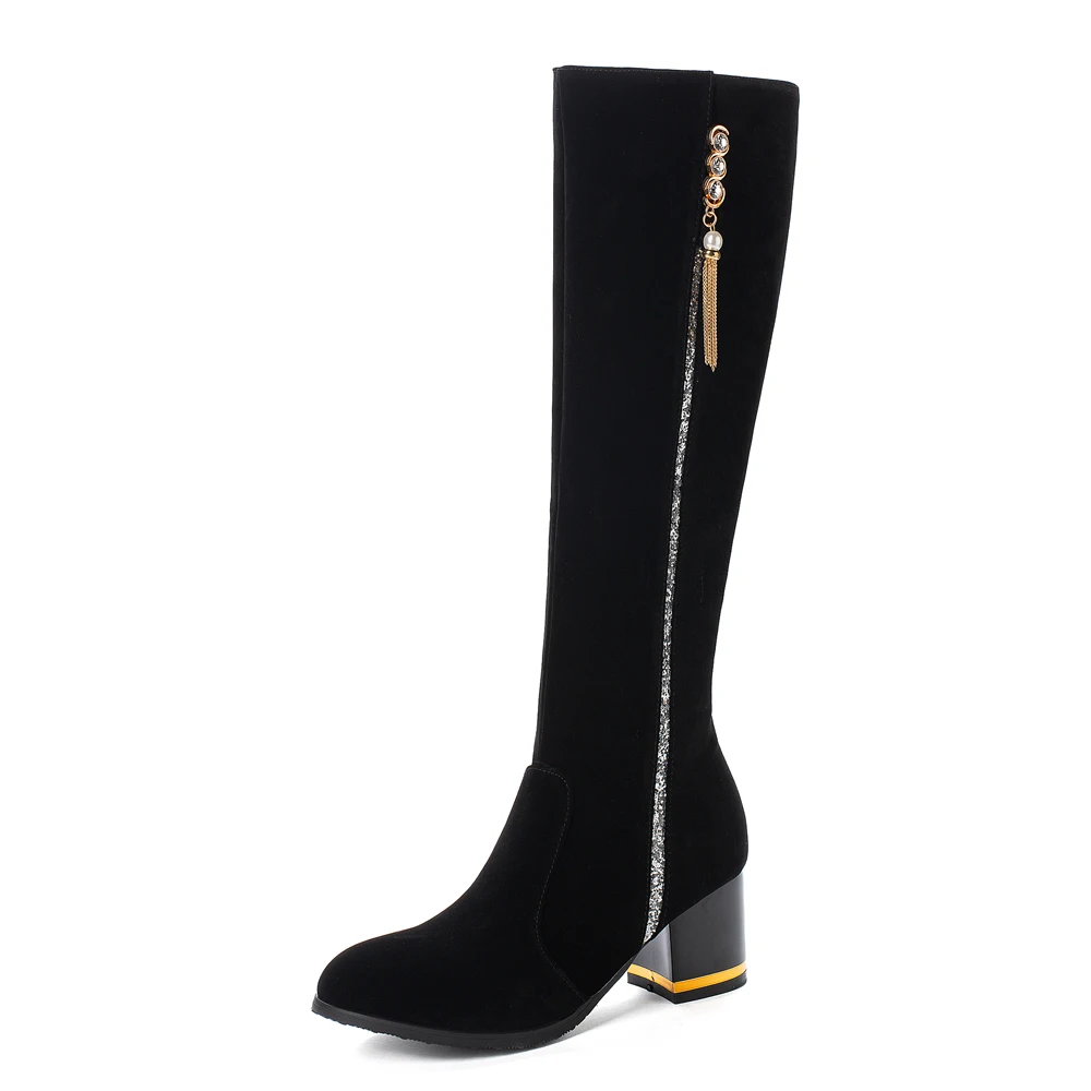

Cow Suede TPR Sole Thick Heel Knee-Length Boots Pearl Tassel Round Toe Autumn And Winter Warm Boots