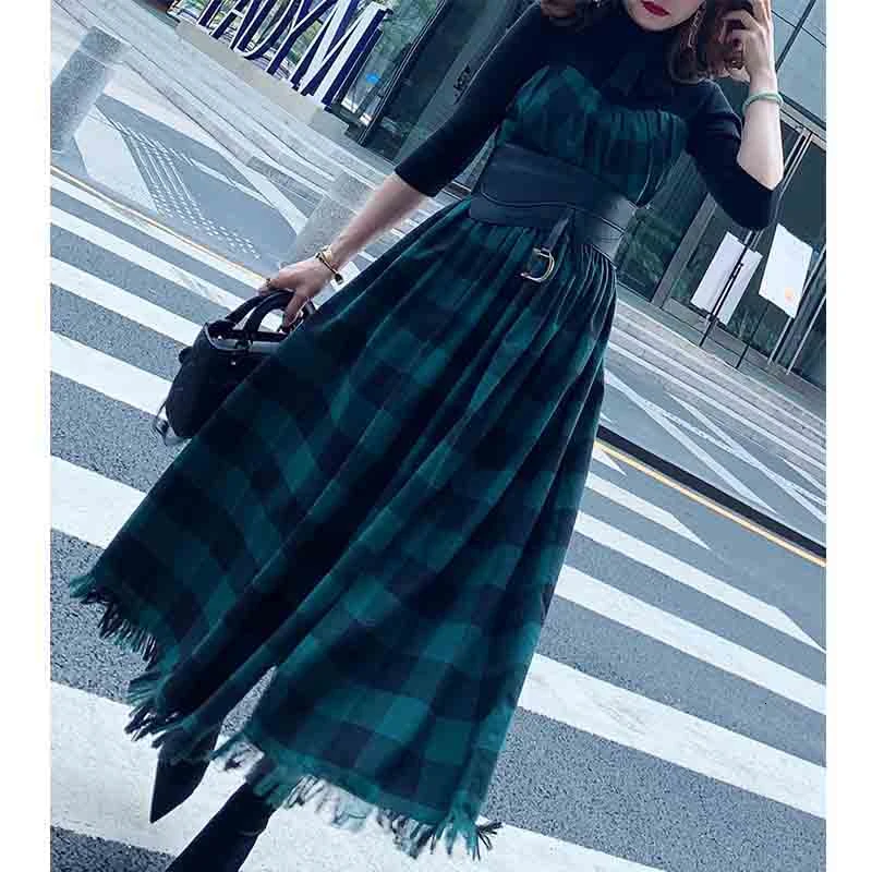 Cosmicchic Women Fake Two Pieces Long Dress Bow Scarf Collar High Waist Vintage Maxi Party Dresses Autumn Winter Warm Dress - Цвет: green plaid