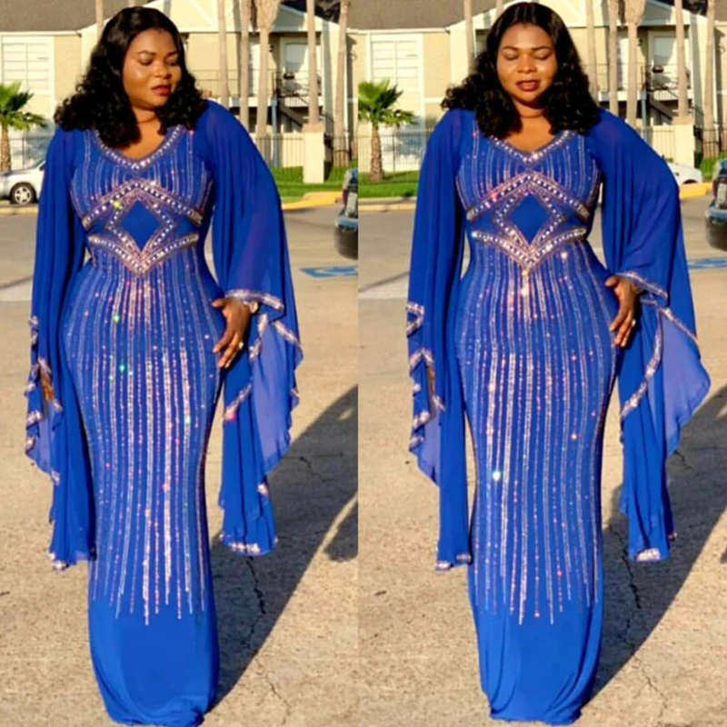 

African Dresses For Women 2019 Dashiki Diamond African Clothes Bazin Broder Riche Sexy Ruffles Sleeve Robe Evening Party Dress