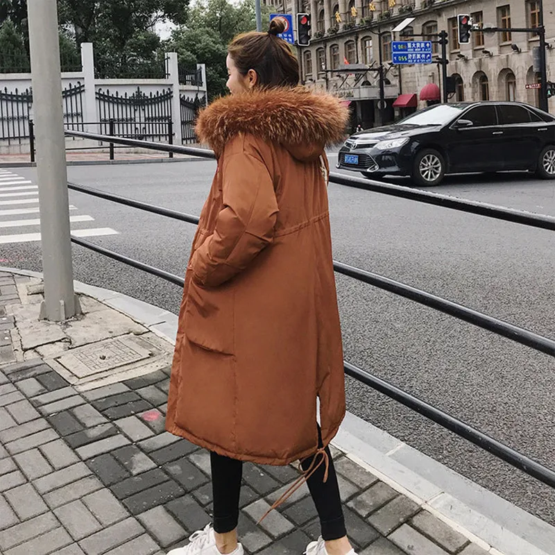 Женские зимние пальто, свободная хлопковая одежда, пальто с воротником из натурального Лисьего меха, Женская парка, пальто средней длины, толстая женская зимняя куртка