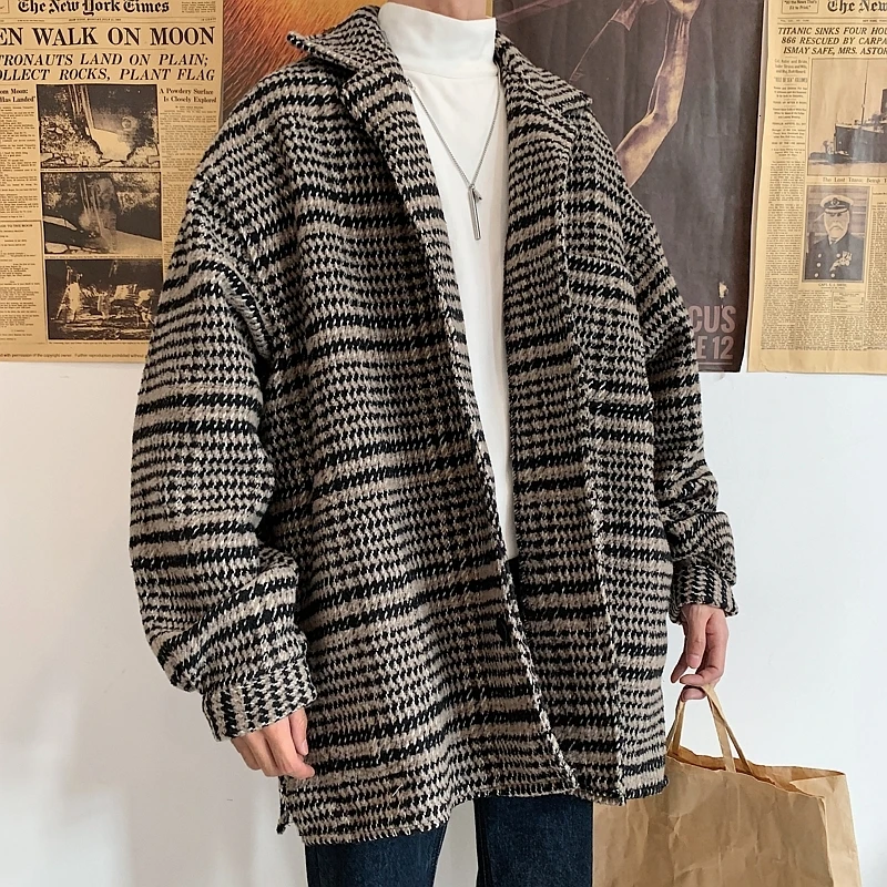 Plaid Woolen Coat Men's Fashion Casual Retro Woolen Jacket Men Streetwear Wild Loose Long Woolen Coat Mens Overcoat Clothes Plaid Woolen Coat Men's Fashion Casual Retro Woolen Jacket Men Streetwear Wild Loose Long Woolen Coat Mens Overcoat Clothes
