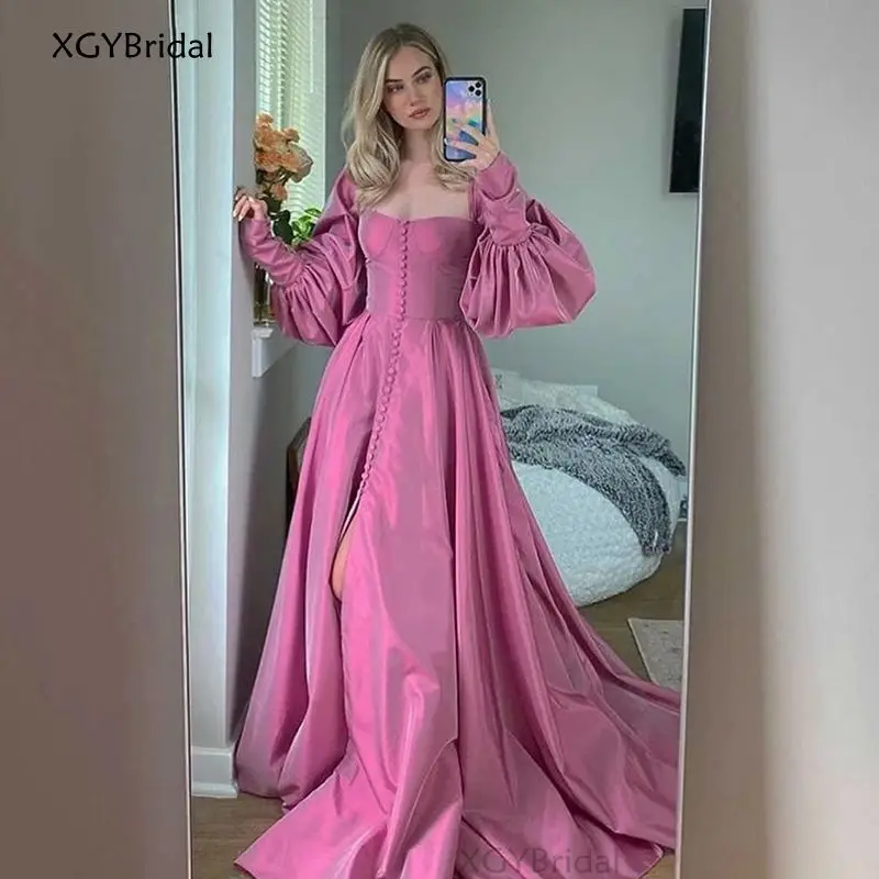 

New Arrival Elegant A-Line Pink Evening Dresses Sleeves High Slit Taffeta Sweetheart Long Party Gowns Prom Dress Robe de Soirée