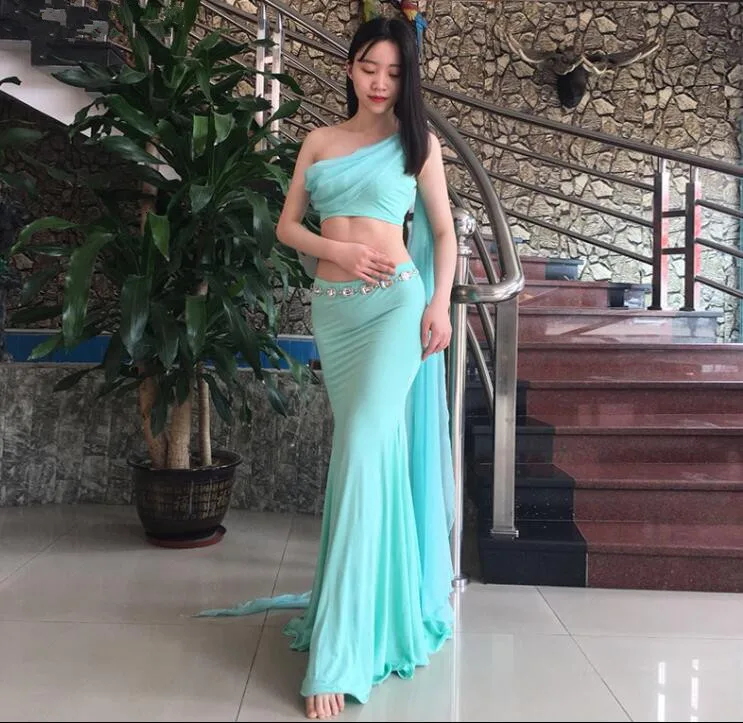 as picture2 Танец живота Модальная Одежда 2 шт женский костюм для восточных танцев с крыльями рукав Фея команда танец белый - Цвет: as picture2