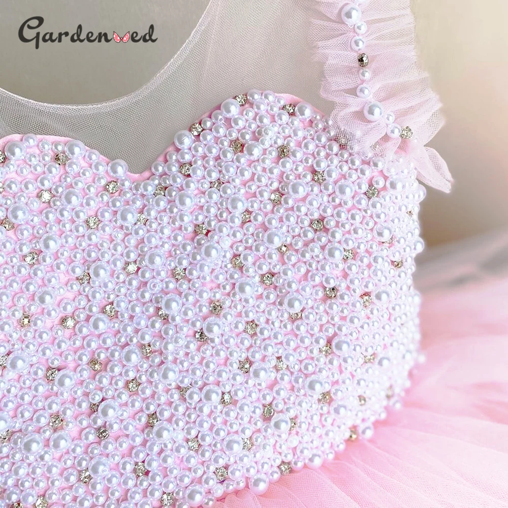 Gardenwed Pink Princess Dress Pearl Beaded Puffy First Communion Dress Flower Girl Dresses Cute Children Girls Dress First Gown
